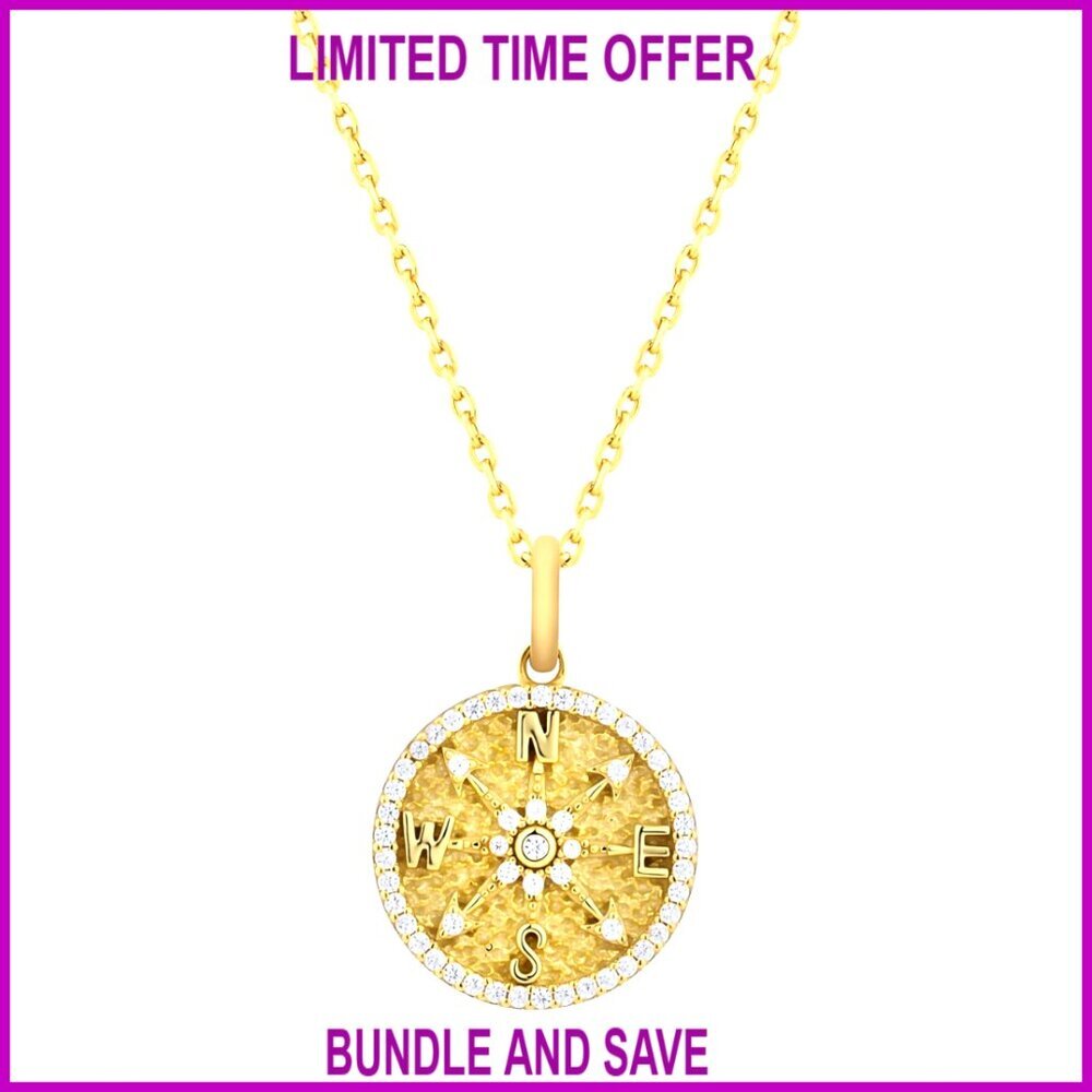 14K Gold Plated Sterling Silver Compass Pendant Necklace with CZ, Adjustable